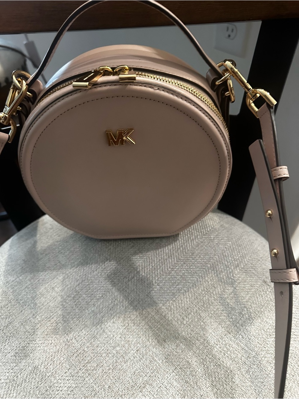 Michael Kors Round Blush-Taupe Leather Crossbody with Gold Hardware